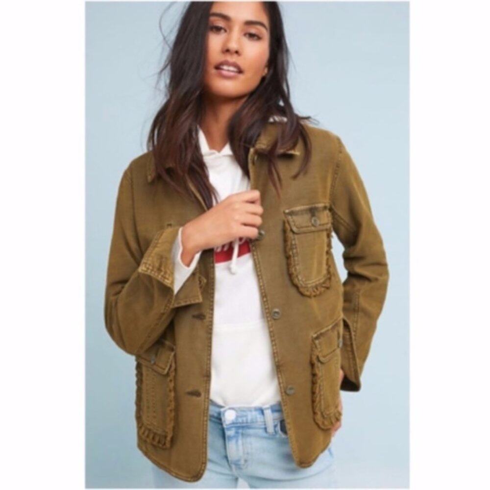 Anthropologie Army Green Ruffled Utility Jacket
